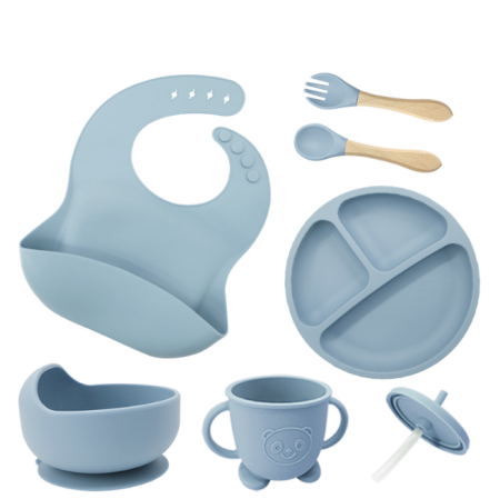 Seturi hranire bebelusi - Set de hranire bebelusi 6 in 1 Ælements, din silicon fara BPA, contine Bol, Baveta Reglabila, Cana cu capac si pai, Farfurie, Lingura si Furculita, Albastru