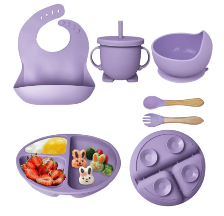 Seturi hranire bebelusi - Set de hranire bebelusi 6 in 1 Ælements, din silicon fara BPA, contine Bol, Baveta Reglabila, Cana cu capac si pai, Farfurie, Lingura si Furculita, Mov