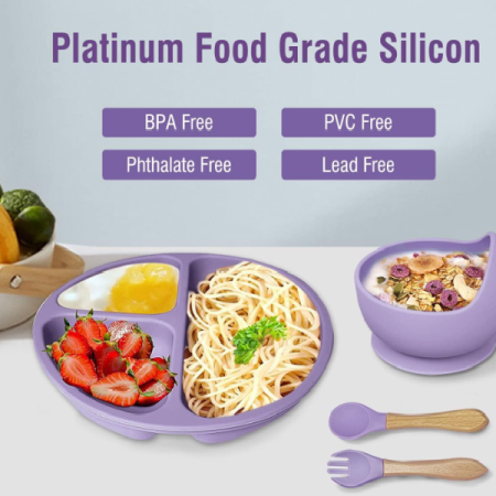 Set de hranire bebelusi 6 in 1 Ælements, din silicon fara BPA, contine Bol, Baveta Reglabila, Cana cu capac si pai, Farfurie, Lingura si Furculita, Mov [4]