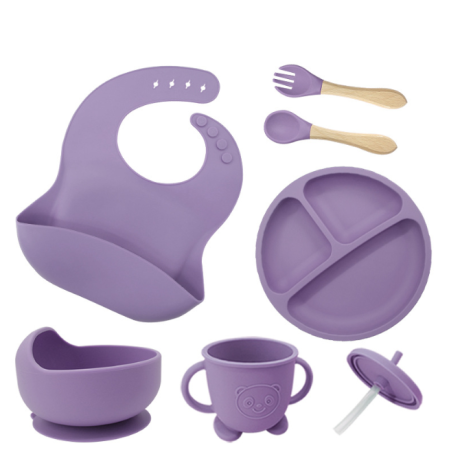 Set de hranire bebelusi 6 in 1 Ælements, din silicon fara BPA, contine Bol, Baveta Reglabila, Cana cu capac si pai, Farfurie, Lingura si Furculita, Mov [1]