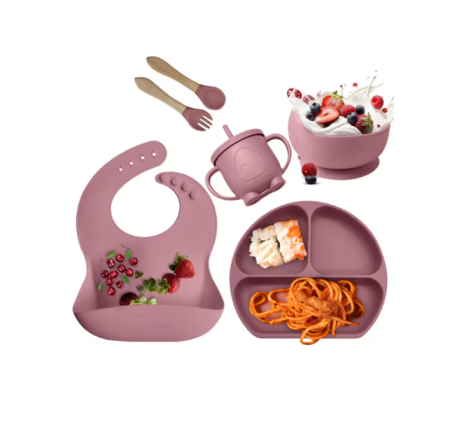Seturi hranire bebelusi - Set de hranire bebelusi 6 in 1 Ælements, din silicon fara BPA, contine Bol, Baveta Reglabila, Cana cu capac si pai, Farfurie, Lingura si Furculita, Roz