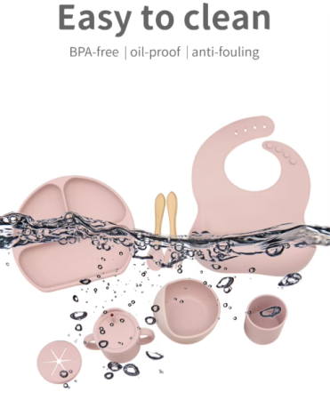 Set de hranire bebelusi 6 in 1 Ælements, din silicon fara BPA, contine Bol, Baveta Reglabila, Cana cu capac si pai, Farfurie, Lingura si Furculita, Roz [4]