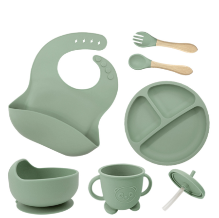 Seturi hranire bebelusi - Set de hranire bebelusi 6 in 1 Ælements, din silicon fara BPA, contine Bol, Baveta Reglabila, Cana cu capac si pai, Farfurie, Lingura si Furculita, Verde