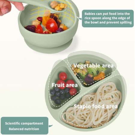 Set de hranire bebelusi 6 in 1 Ælements, din silicon fara BPA, contine Bol, Baveta Reglabila, Cana cu capac si pai, Farfurie, Lingura si Furculita, Verde [2]