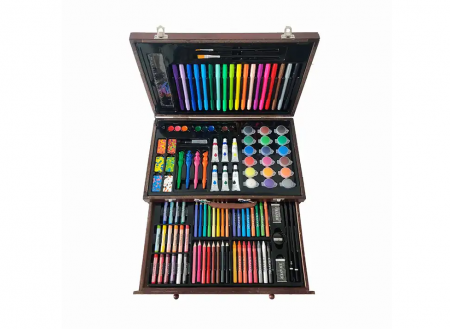 Seturi pictura si desen - Set pentru desen si pictura, creioane, acuarele, cutie depozitare din lemn cu maner tip servieta, 123 buc