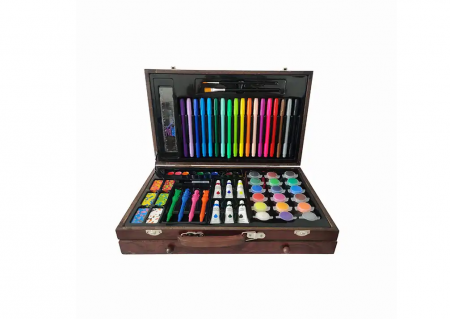 Set pentru desen si pictura, creioane, acuarele, cutie depozitare din lemn cu maner tip servieta, 123 buc [1]