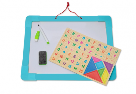 Seturi pictura si desen - Tabla 2 in 1, din lemn, contine litere si cifre magnetice, marker, creta si burete de sters, agatatoare, albastru, 43x33 cm
