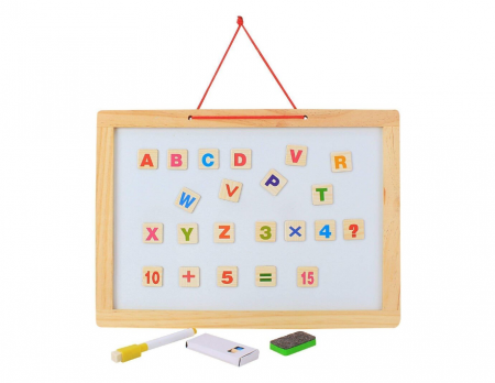 Tabla 2 in 1, din lemn, contine litere si cifre magnetice, marker, creta si burete de sters, agatatoare, natur, 43x33 cm