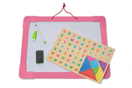 Tabla 2 in 1, din lemn, contine litere si cifre magnetice, marker, creta si burete de sters, agatatoare, roz, 43x33 cm
