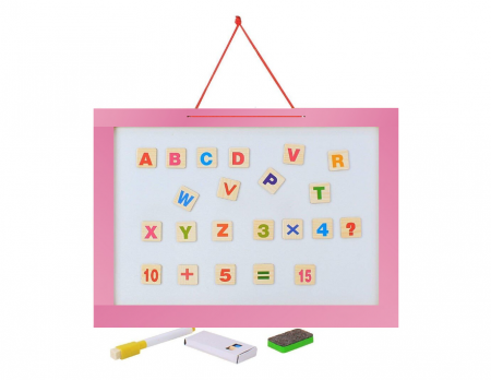 Tabla 2 in 1, din lemn, contine litere si cifre magnetice, marker, creta si burete de sters, agatatoare, roz, 43x33 cm [1]