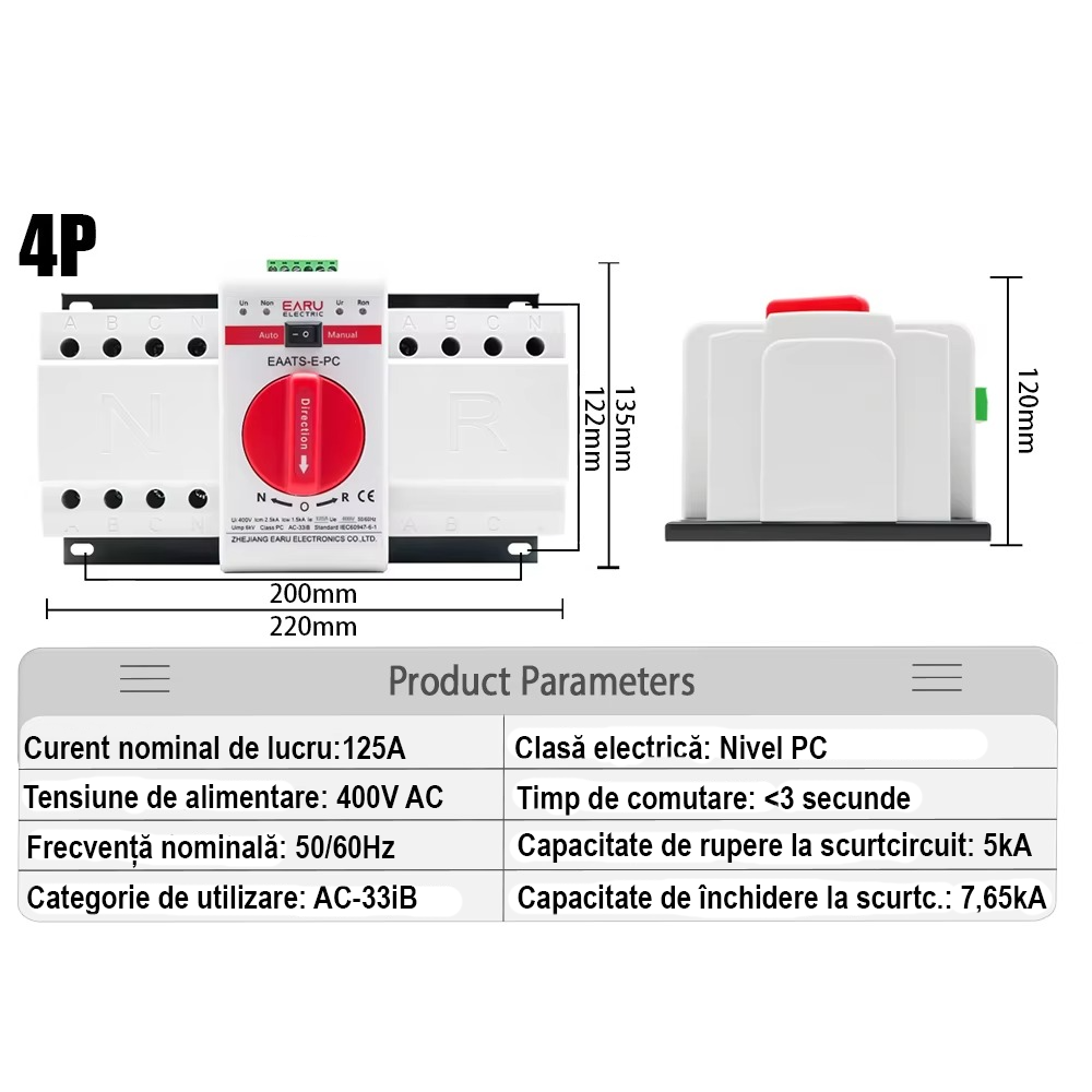 Comutator de Transfer Automat de Putere EARU EAATS-E-PC, 4P 125A ATS, Sina DIN + panou montaj, pentru Panouri Fotovoltaice [2]