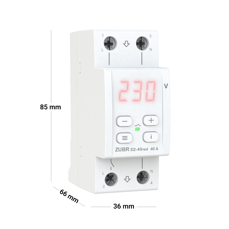 Releu de protectie tensiune monofazat ZUBR, D2-40 RED, 40A, 2P, afisaj LED, montaj DIN [4]