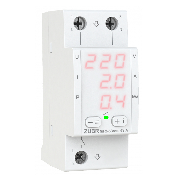 Releu de tensiune monofazat ZUBR MF2-63 RED - Curent reglabil 0.1-63A, protecție termică, afișaj LED, montaj DIN [1]