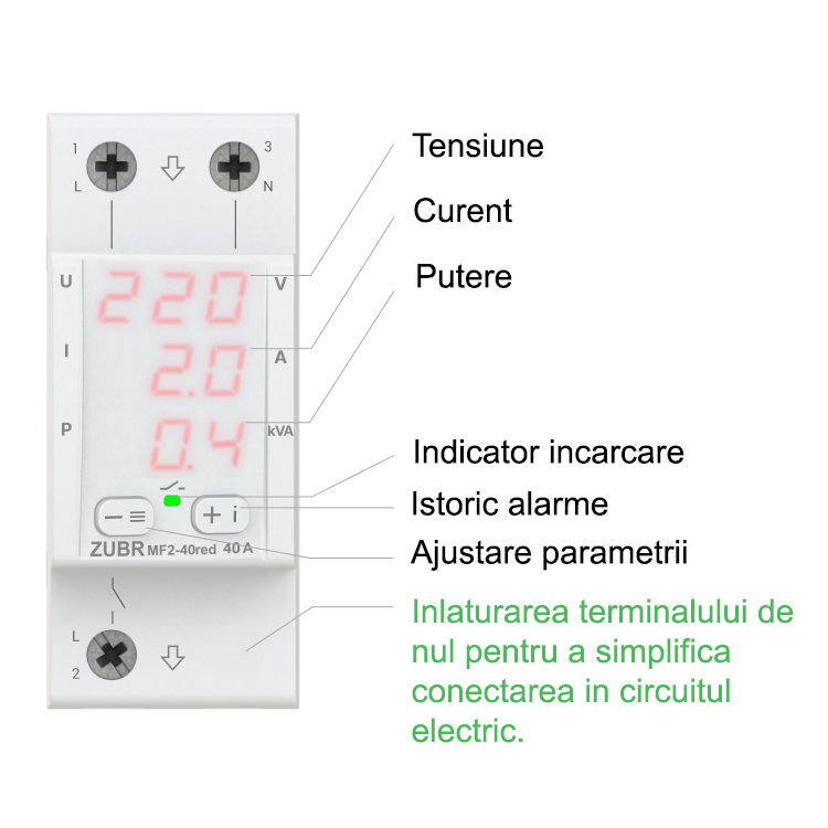 Releu de tensiune monofazat ZUBR MF2-63 RED - Curent reglabil 0.1-63A, protecție termică, afișaj LED, montaj DIN [4]