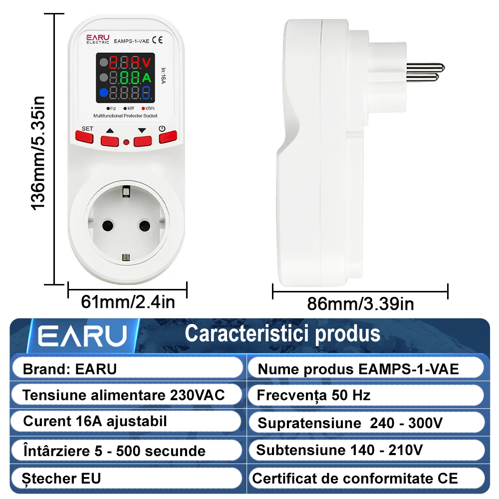 Priză cu protectie la subtensiune / supratensiune si supracurent EARU EAMPS-1-VAE, 16A [4]