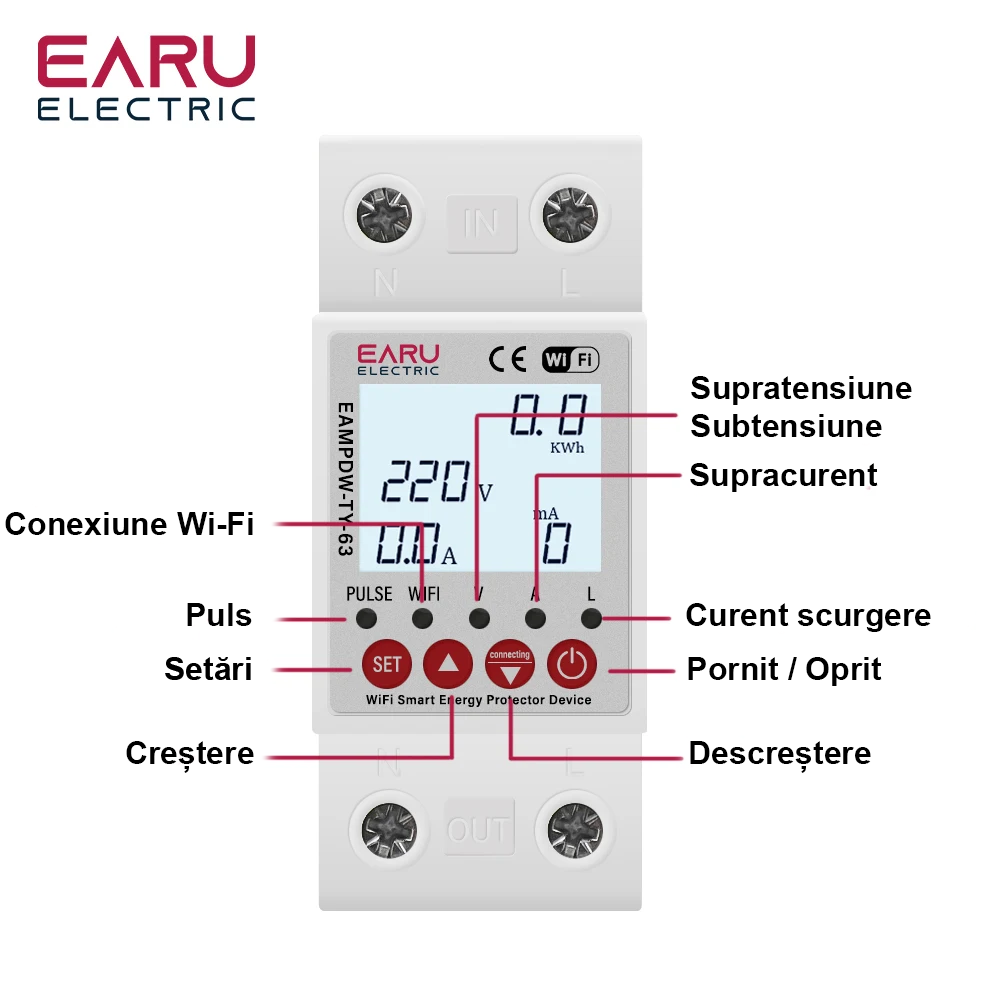 Releu protectie supratensiune si contor de energie inteligent, Wi-fi, EARU-63A, Sensibilitate 10 mA reglabil, digital, protectie supratensiune si suprasarcina, compatibil Tuya si SmartLife App [4]