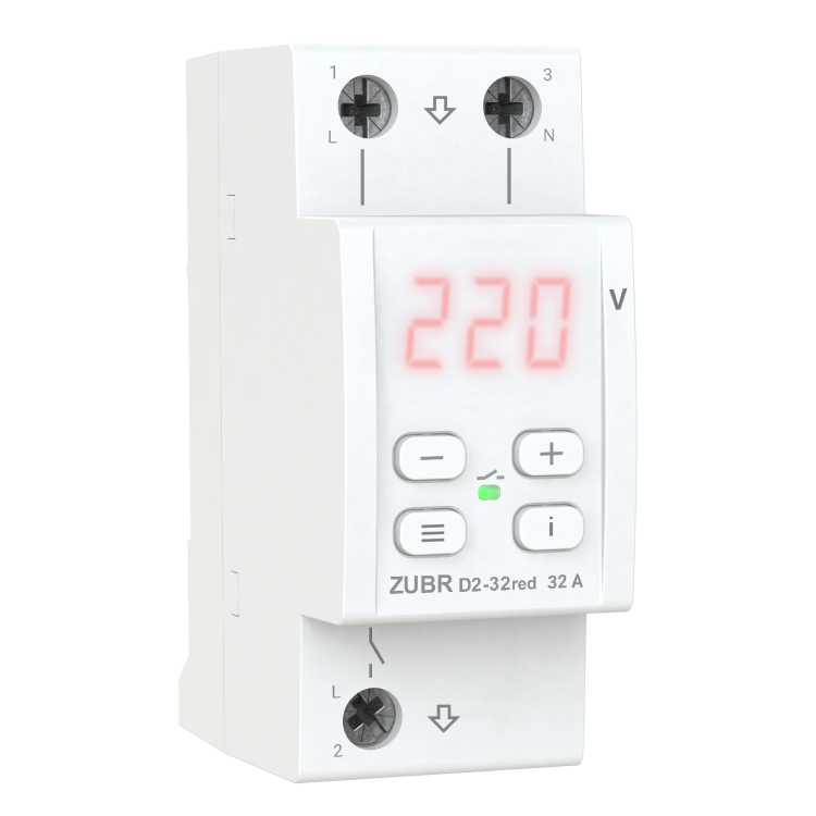 Releu de protectie tensiune monofazat ZUBR, D2-40 RED, 40A, 2P, afisaj LED, montaj DIN [1]