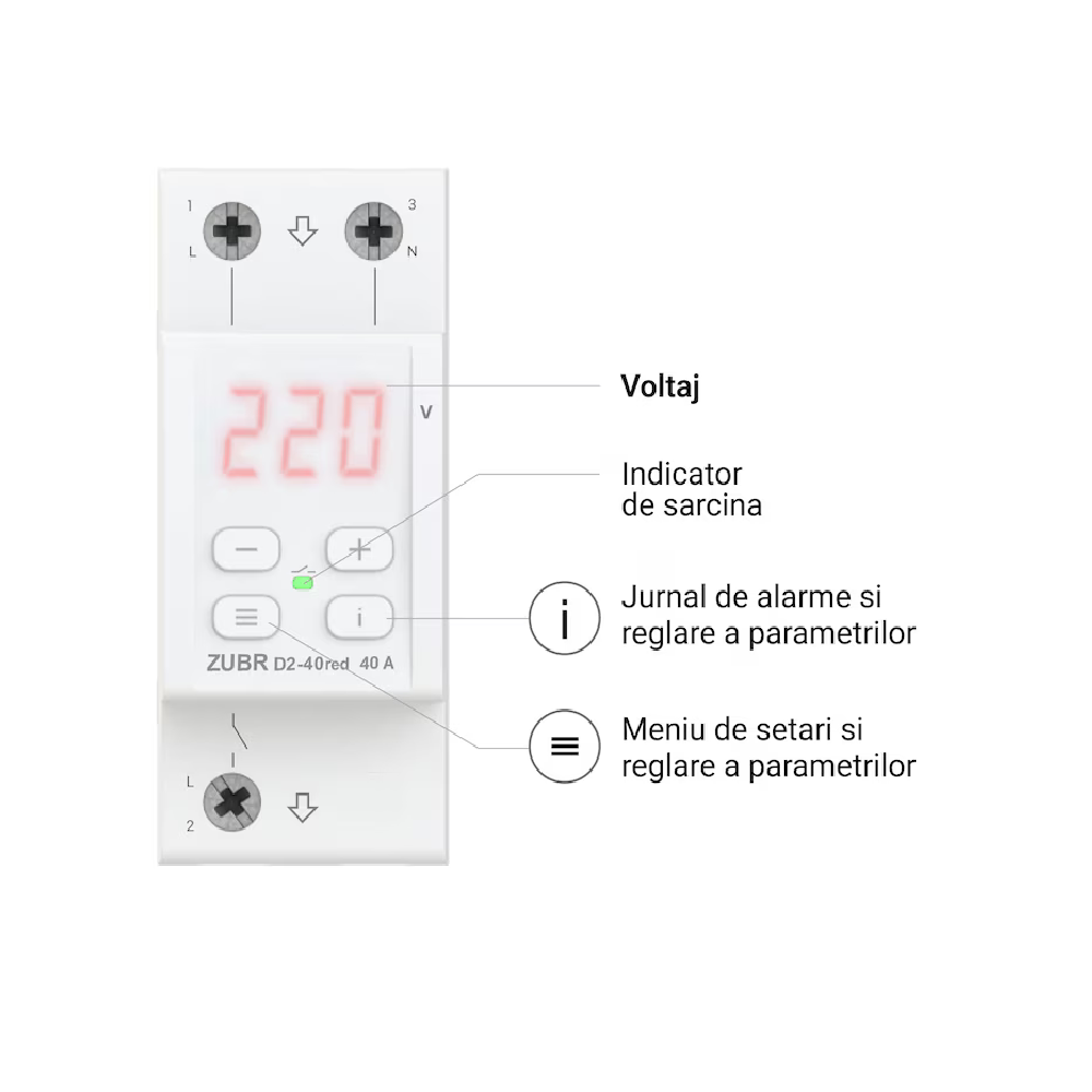 Releu de protectie tensiune monofazat ZUBR, D2-40 RED, 40A, 2P, afisaj LED, montaj DIN [2]