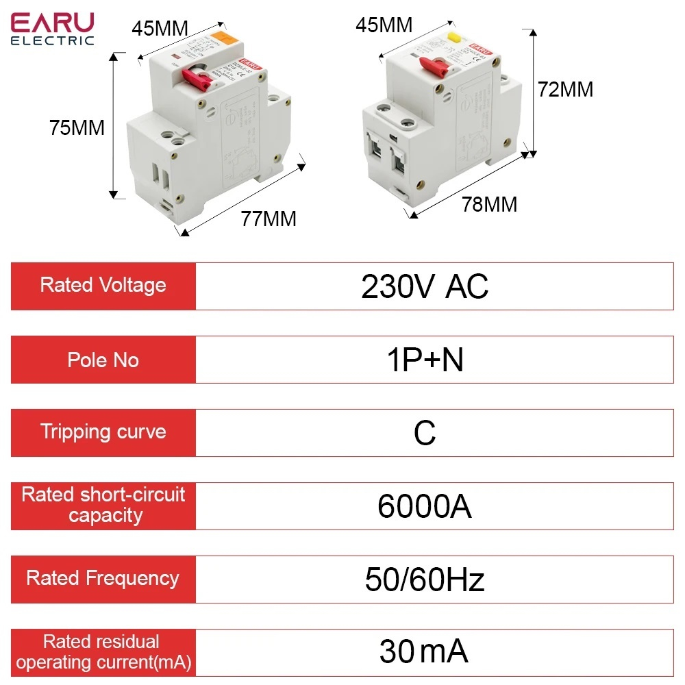 Disjunctor diferential RCD / RCBO 2P, 32A, tip AC, curent rezidual 30mA, curba C, EARU DZ30LE-32 [5]