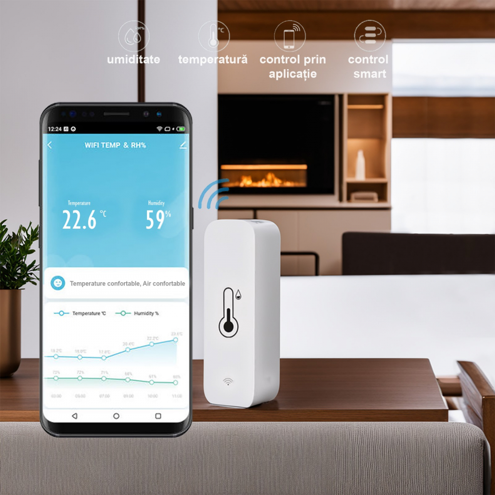 Senzor inteligent de temperatura si umiditate, higrometru, Wi-Fi 2,4 GHz, Compatibil cu Tuya, SmartLife, Amazon Alexa, Google Assistant [2]