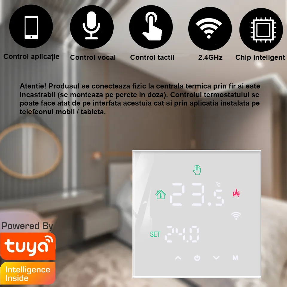 Termostat inteligent WIFI, 16A, incalzire prin pardoseala pe gaz sau electrica, control aplicatie TUYA, SMART LIFE ecran LCD, control vocal, diverse programe de functionare, Alb [2]