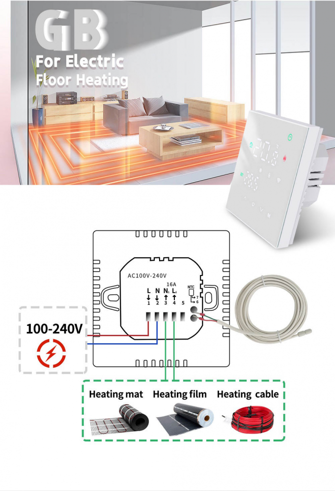 Termostat inteligent WIFI, 16A, incalzire prin pardoseala pe gaz sau electrica, control aplicatie TUYA, SMART LIFE ecran LCD, control vocal, diverse programe de functionare, Alb [7]