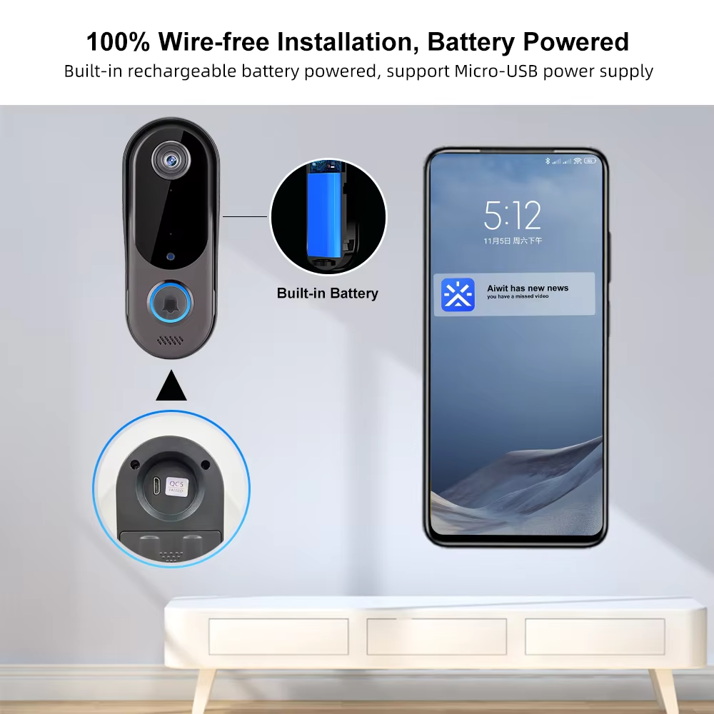 Videointerfon HD wireless JT-V30 , vedere nocturna, 2 baterii incluse, Negru [5]