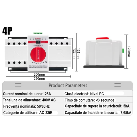 Comutator de Transfer Automat de Putere EARU EAATS-E-PC, 4P 125A ATS, Sina DIN + panou montaj, pentru Panouri Fotovoltaice [1]