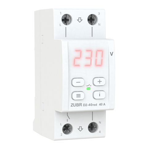 Accesorii tablouri electrice - Releu de protectie tensiune monofazat ZUBR, D2-40 RED, 40A, 2P, afisaj LED, montaj DIN