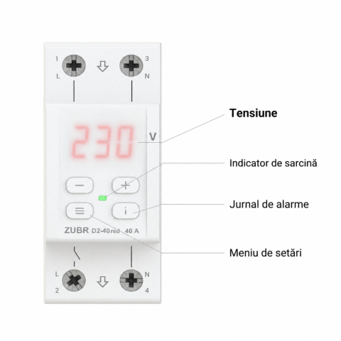 Releu de protectie tensiune monofazat ZUBR, D2-40 RED, 40A, 2P, afisaj LED, montaj DIN [1]
