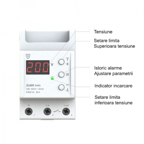 Releu de tensiune monofazat cu protectie termica ZUBR, D32t, 32A, afisaj LED, montaj DIN [1]