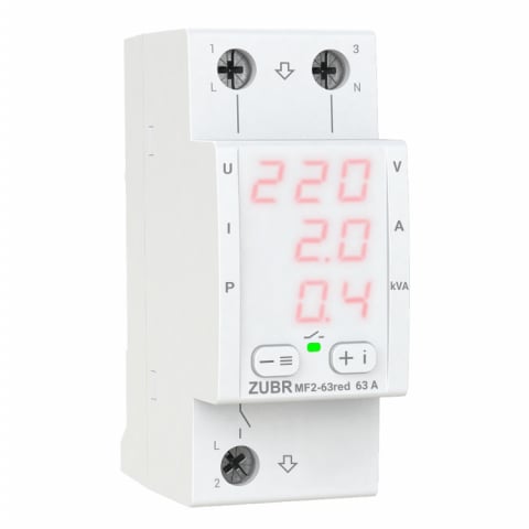 Accesorii tablouri electrice - Releu de tensiune monofazat ZUBR MF2-63 RED - Curent reglabil 0.1-63A, protecție termică, afișaj LED, montaj DIN
