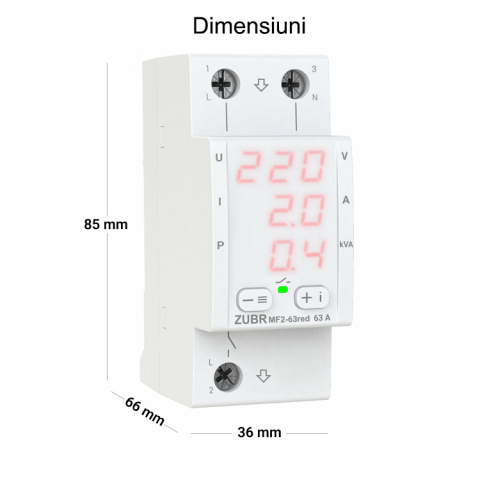Releu de tensiune monofazat ZUBR MF2-63 RED - Curent reglabil 0.1-63A, protecție termică, afișaj LED, montaj DIN [1]
