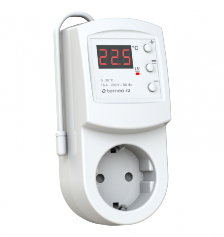 Electrice - Termostat digital Terneo RZ - 16A/230V, montaj în priză, control încălzire/răcire (0-30°C), temporizator 99h, protecție copii, Alb