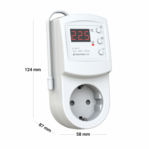 Termostat digital Terneo RZ - 16A/230V, montaj în priză, control încălzire/răcire (0-30°C), temporizator 99h, protecție copii, Alb [2]