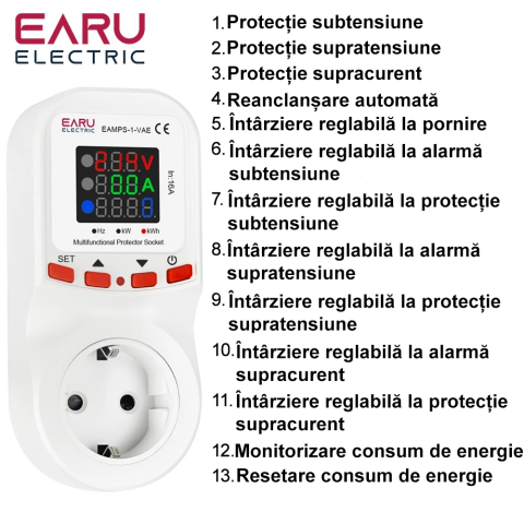 Priză cu protectie la subtensiune / supratensiune si supracurent EARU EAMPS-1-VAE, 16A [7]