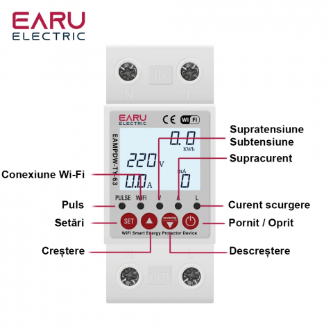 Releu protectie supratensiune si contor de energie inteligent, Wi-fi, EARU-63A, Sensibilitate 10 mA reglabil, digital, protectie supratensiune si suprasarcina, compatibil Tuya si SmartLife App [3]