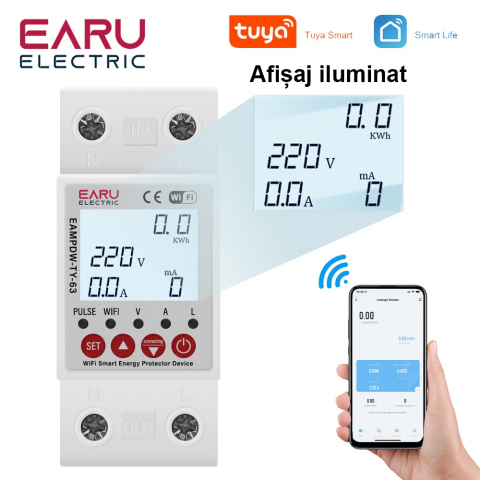 Releu protectie supratensiune si contor de energie inteligent, Wi-fi, EARU-63A, Sensibilitate 10 mA reglabil, digital, protectie supratensiune si suprasarcina, compatibil Tuya si SmartLife App [1]