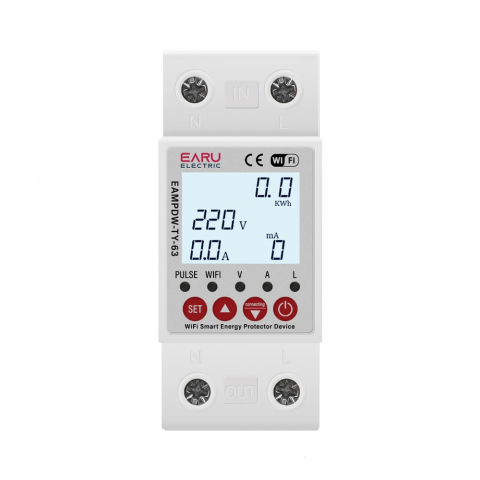 Accesorii tablouri electrice - Releu protectie supratensiune si contor de energie inteligent, Wi-fi, EARU-63A, Sensibilitate 10 mA reglabil, digital, protectie supratensiune si suprasarcina, compatibil Tuya si SmartLife App