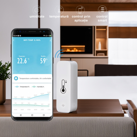 Senzor inteligent de temperatura si umiditate, higrometru, Wi-Fi 2,4 GHz, Compatibil cu Tuya, SmartLife, Amazon Alexa, Google Assistant [1]