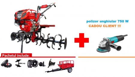 Pachete motocultoare - Motocultor 15 Cp Cu Pornire Electrica Cu Accesorii Si Remorca Agricola Si Cadou Polizor