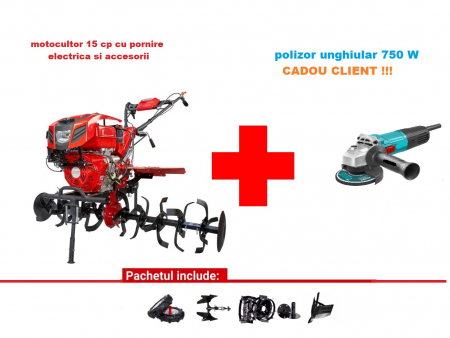 Pachete motocultoare - Motocultor 15 Cp Cu Pornire Electrica Cu Accesorii Si Cadou Polizor
