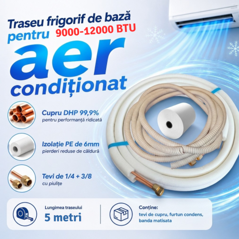 Traseu frigorific 9-12000 BTU - 1/4 + 3/8 – Țevi cupru izolate bercluite + furtun de condens + bandă matisat