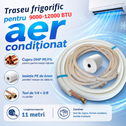 Traseu frigorific 9-12000 BTU - 1/4 + 3/8 – Țevi cupru izolate bercluite + furtun de condens + bandă matisat