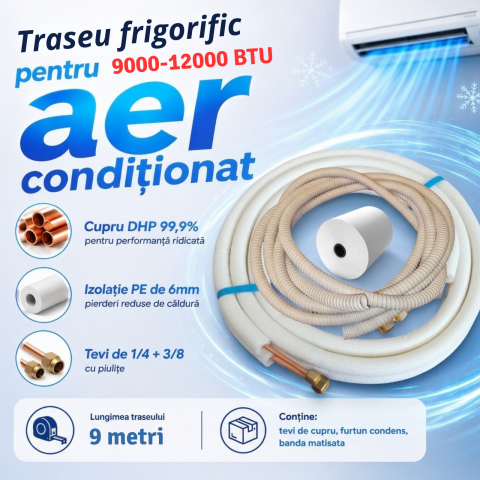 Aparat aer condiționat & montaj - 1/4 + 3/8 – Țevi cupru izolate bercluite + furtun de condens + bandă matisat