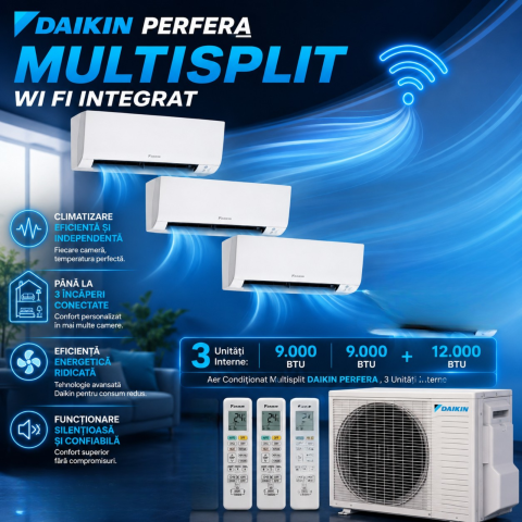 Aer condiționat multisplit - Aer Condiționat Multisplit DAIKIN PERFERA – 3 Unități Interne: 9 000 BTU + 9 000 BTU + 12 000 BTU