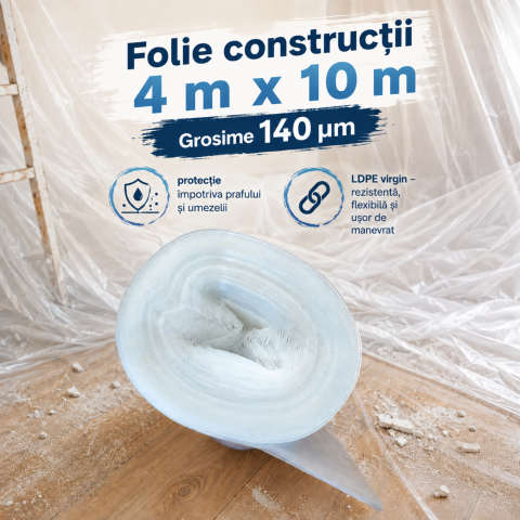 Construcții/ renovări - Folie construcții 4 m x 10m, natur- 140 microni- 40 mp