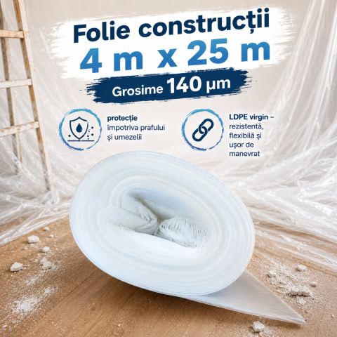 Minirole folii construcții - Folie construcții 4 m x 25m, natur- 140 microni- 100 mp