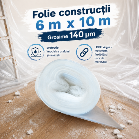 Minirole folii construcții - Folie construcții 6 m x 10m, natur- 140 microni- 60mp