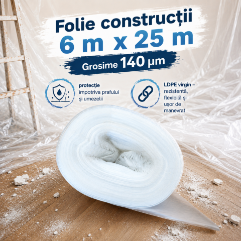 Minirole folii construcții - Folie construcții 6 m x 25m, natur- 140 microni- 150 mp